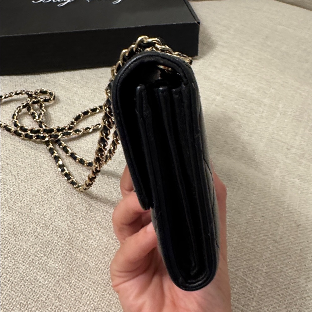 Authentic CHANEL Wallet on Chain Black Quilted Lambskin Gold Chain WOC - Picture 12 of 17